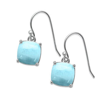Halo Drop Dangle Earrings Cushion Natural Larimar Fish Hook 925 Sterling Silver (22mm)